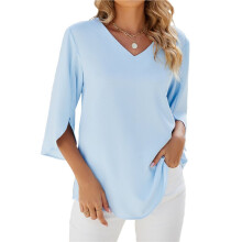 Women Blouses Dressy Casual 1/2 Sleeve Tops Business Work Chiffon Office V Neck Shirts Sky L