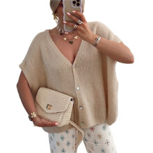 Womens Summer Oversized Short Sleeve Button V Neck Casual Knit Sweater Tops Khaki XXL