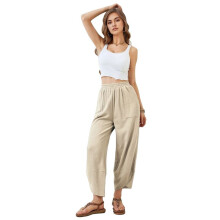 Women Baggy Wide Leg Pants Casual Elastic Waisted Palazzo Harem Pants with Pockets Apricot S