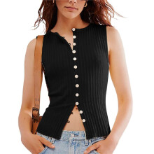 Women'S Scoop Neck Plain Button Front Ribbed Tank Top, Summer Sleeveless Knit Open Front Slim Fit Vest Black M