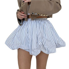 Women'S Striped Elastic Waist Bubble Skirt Flared A   Puffy Skirts White M