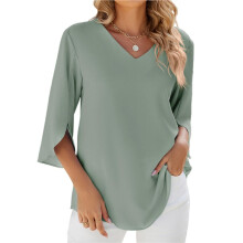 Women Blouses Dressy Casual 1/2 Sleeve Tops Business Work Chiffon Office V Neck Shirts Bean Green XL