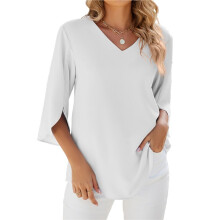 Women Blouses Dressy Casual 1/2 Sleeve Tops Business Work Chiffon Office V Neck Shirts White XXL