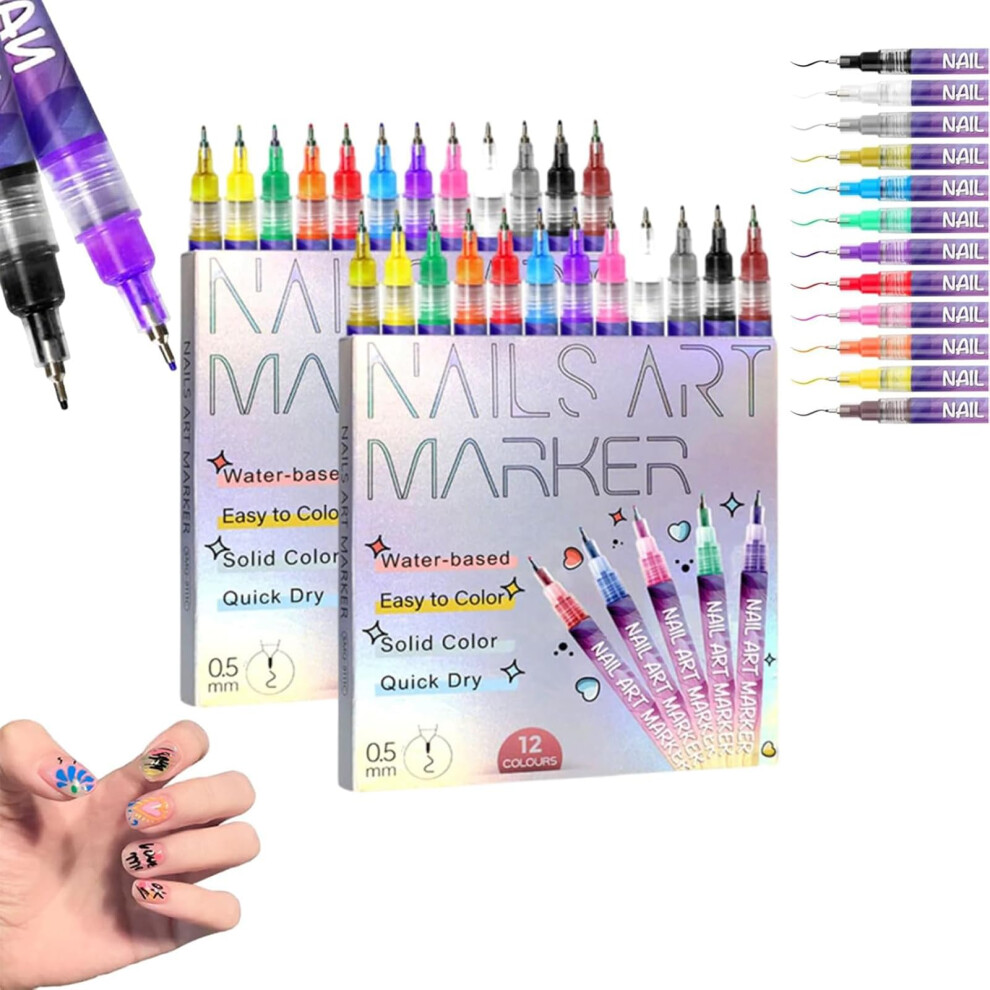 12 Colors Nail Art Pens Set, Fine Tip Nail Polish Markers with FastDrying Formula for DIY Nail Design