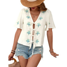 Women'S Tie Front Cardigan Short Sleeve Crochet Knit Color Block Summer Sweater Tops Apricot M