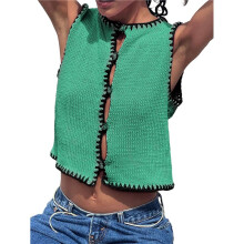 Womens Sweater Vest Sleeveless Button Down Tank Tops Spring Summer Cropped Cardigan 2025 Knit Top Green S