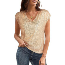 V Neck Sequin Short Sleeve Tops for Women Elastic Sparkly Tank Top Gold XL