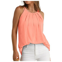 Womens Pleated Tank Tops Spaghetti Strap Camisole Halter Tops Curved Hem Fashion 2025 Coral L