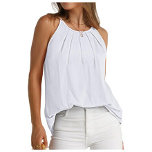 Womens Pleated Tank Tops Spaghetti Strap Camisole Halter Tops Curved Hem Fashion 2025 White M