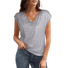 V Neck Sequin Short Sleeve Tops for Women Elastic Sparkly Tank Top Silver XXL