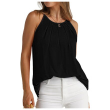 Womens Pleated Tank Tops Spaghetti Strap Camisole Halter Tops Curved Hem Fashion 2025 Black S