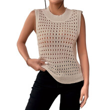 Womens Summer Knit Sweater Tank Tops Round Neck Crochet Hollow Out Sleeveless Casual Crop Shirt Khaki XL