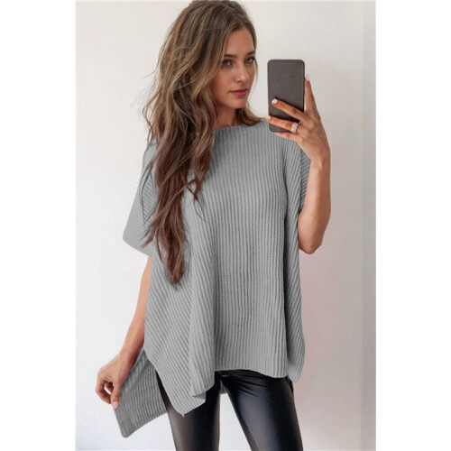 Women'S Loose Dropped Shoulder Short Sleeve Pullover Sweater Light Gray L 1