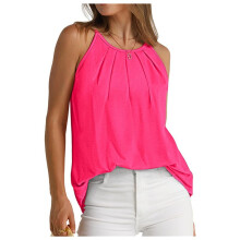 Top da Donna A Pieghe, Canotta con Spalline Sottili, Top All'Americana, Orlo Curvo, Moda 2025, Rosa Rosso M