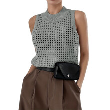 Womens Summer Knit Sweater Tank Tops Round Neck Crochet Hollow Out Sleeveless Casual Crop Shirt Grey S