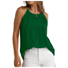 Top da Donna A Pieghe, Canotta con Spalline Sottili, Top All'Americana, Orlo Curvo, Moda 2025 Verde M