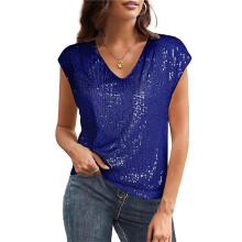 V Neck Sequin Short Sleeve Tops for Women Elastic Sparkly Tank Top M