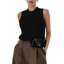 Womens Summer Knit Sweater Tank Tops Round Neck Crochet Hollow Out Sleeveless Casual Crop Shirt Black L