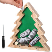 10 Inch Wooden Christmas Tree Piggy Bank with Screwdriver, Festive Money Box for Holiday Gift and Home Decor