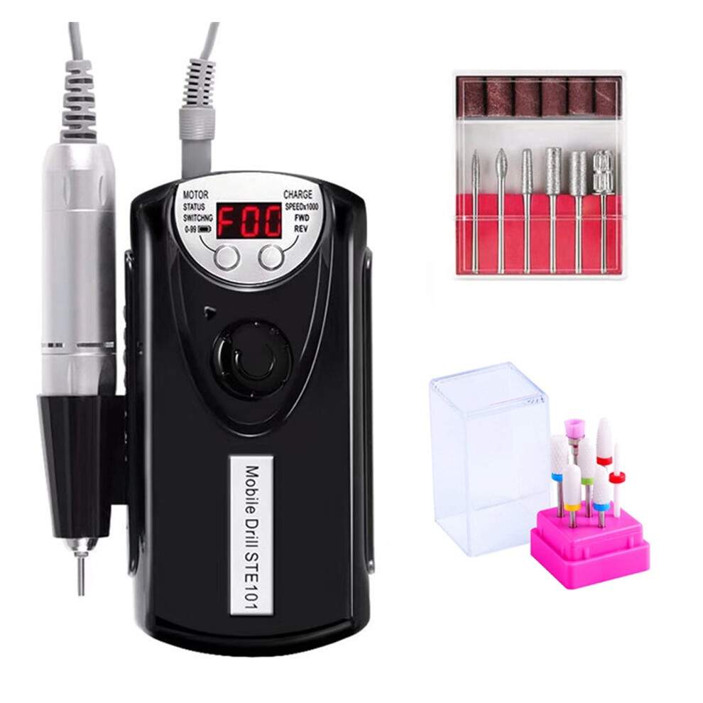 Black Rechargeable Electric Nail Drill Pen With Bits Set, Low Noise And Precision Speed Control For Acrylic And Gel Nails (Black)