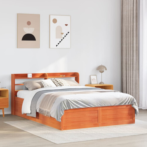 Berkfield Bed Frame with Headboard Wax Brown 140x190 cm Solid Wood Pine 2