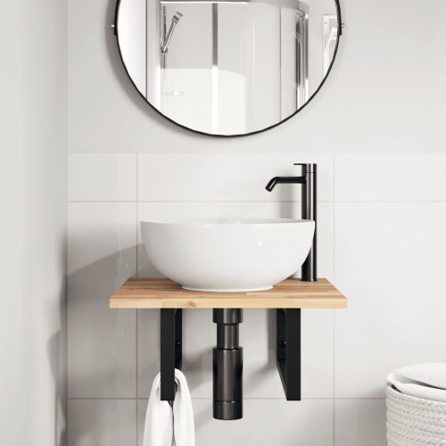 Berkfield Basin Shelf Wall Mounted Steel and Solid Wood Acacia 2