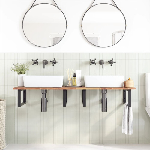Berkfield Basin Shelf Wall Mounted Steel and Solid Wood Acacia 2