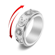Fidget Spinner Ring for Anxiety Relief, Sun Star Moon Design, Titanium Steel Silver Size 11