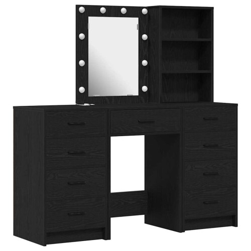 Berkfield Dressing Table with Mirror Lights 3 pcs Black Engineered wood 1