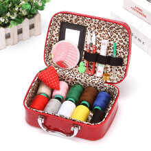 Portable Sewing Kit in Red Crocodile Texture Leather Case, Complete Travel Sewing Essentials with Scissors and Threads
