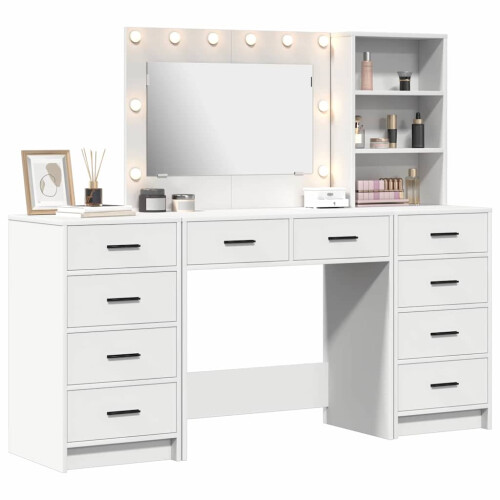 Berkfield Dressing Table with Mirror Lights 3 pcs White Engineered Wood 2