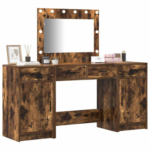Berkfield Dressing Table with Mirror Lights 3 pcs Brown Engineered Wood 2