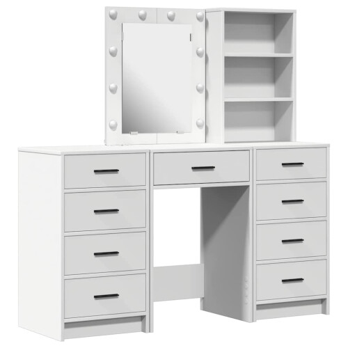 Berkfield Dressing Table with Mirror Lights 3 pcs White Engineered wood 1