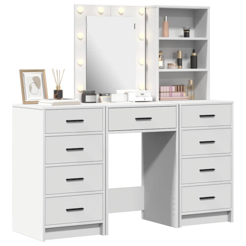 Berkfield Dressing Table with Mirror Lights 3 pcs White Engineered wood 2