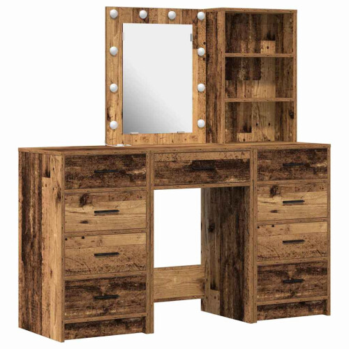 Berkfield Dressing Table with Mirror Lights 3 pcs Brown Engineered wood 1