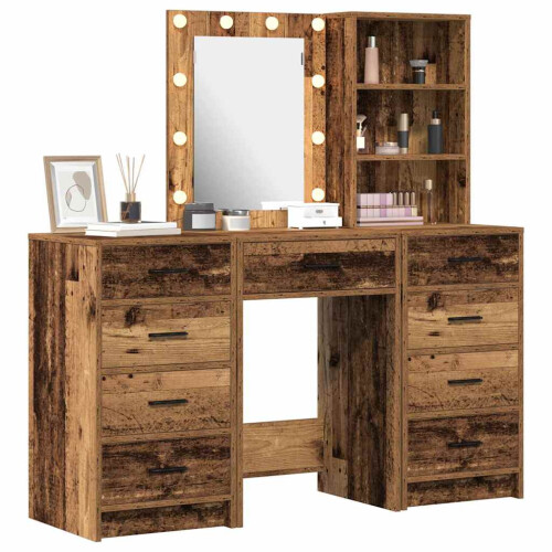 Berkfield Dressing Table with Mirror Lights 3 pcs Brown Engineered wood 2