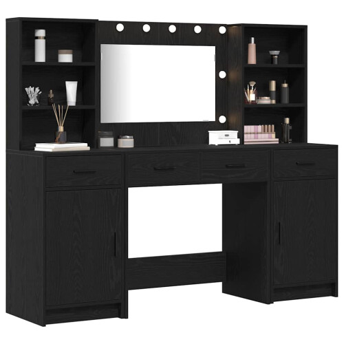 Berkfield Dressing Table Set with Drawer 3 pcs Black Oak Engineered Wood 2