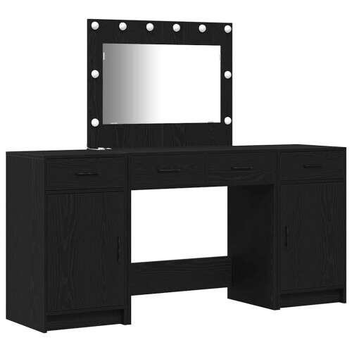 Berkfield Dressing Table with Mirror Lights 3 pcs Black Engineered Wood 1