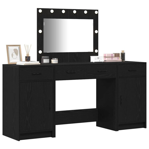 Berkfield Dressing Table with Mirror Lights 3 pcs Black Engineered Wood 2