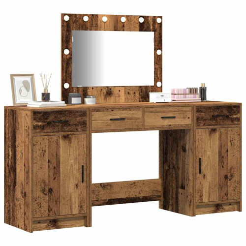 Berkfield Dressing Table with Mirror Lights 3 pcs Brown Engineered Wood 2
