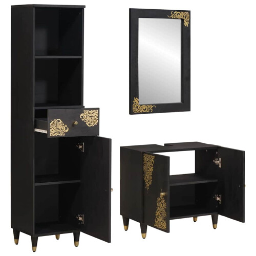Berkfield Bathroom Cabinet Set with Drawer 3 pcs Black Solid Mango Wood 1