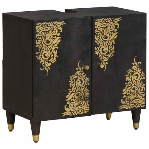 Berkfield Bathroom Cabinet Set with Drawer 3 pcs Black Solid Mango Wood 2