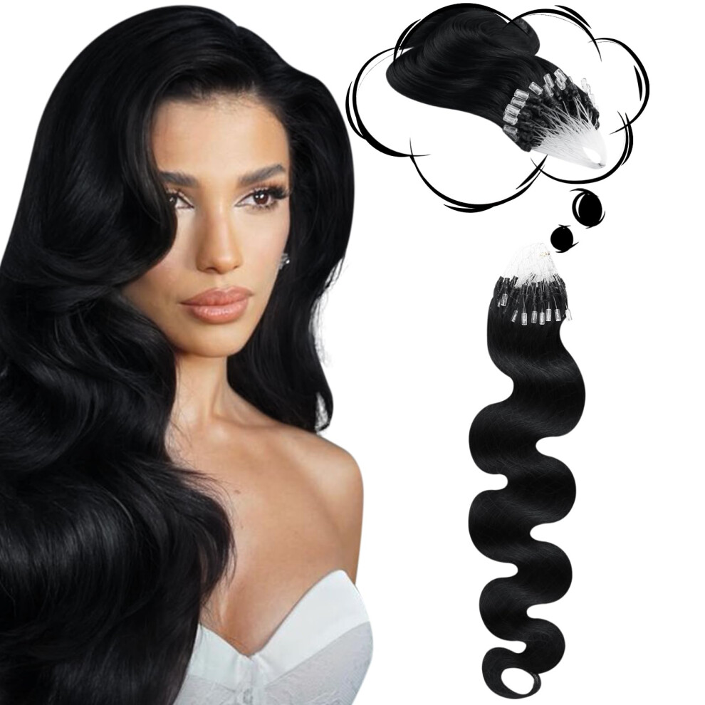 Unisex Black 24 Inch Jet Wavy Micro Loop Human Hair Extensions Remy Micro Bead Links 50G Natural Reusable