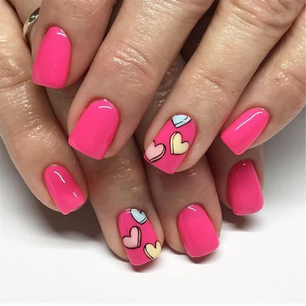 Short Square Press On Nails with Romantic Heart Designs Glossy Valentine's Day Nail Set for Women 24Pcs