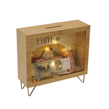 Wooden Piggy Bank Shadow Box with Visible Saving Display, Decorative Natural Wood Coin Bank Gift 11.8x4.7x11 Inch