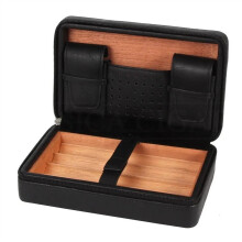 Portable Cigar Humidor Travel Cigar Case with Cedar Wood Interior 4 Tube Holder Black Leather