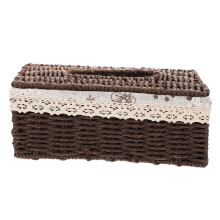 Coffee Color Woven Tissue Box Cover Handmade Holder with Lace Trim, Elegant Dustproof Decor for Living Room