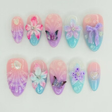 Handmade Pastel Press On Nails Gradient Pink Blue Purple with 3D Floral Butterfly Bow Details