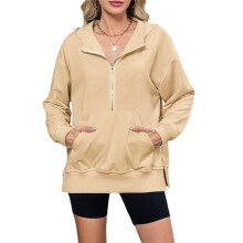 Women'S Autumn and Winter Hooded Loose Long Sleeve Zipper Pocket Sweater Tops Apricot M