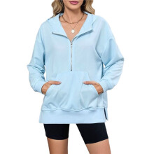 Women'S Autumn and Winter Hooded Loose Long Sleeve Zipper Pocket Sweater Tops Sky S